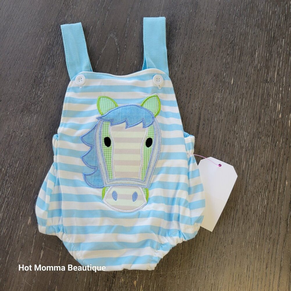 Infant Blue and White Stripe Horse Bubble Romper 6M